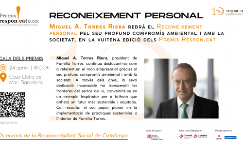 Miquel Torres rebrà el Reconeixement personal pel seu profund compromís ambiental i amb la societat en la 8a edició dels Premis Respon.cat