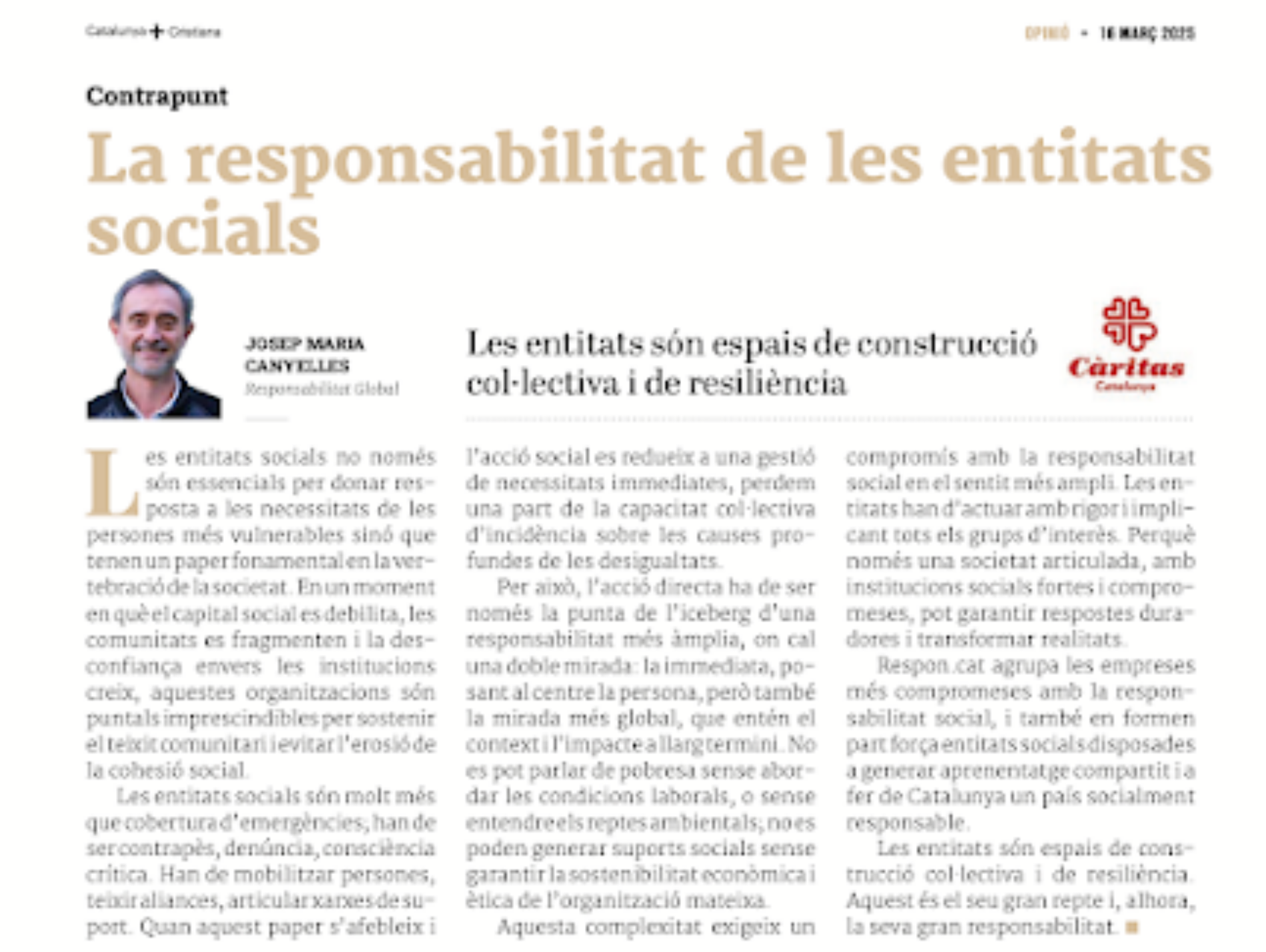 La responsabilitat de les entitats socials. Per Josep Maria Canyelles