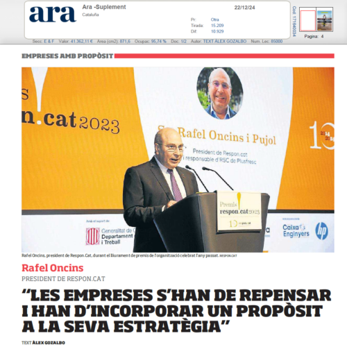 “Les empreses s’han de repensar i han d’incorporar un propòsit a la seva estratègia”, diu Rafel Oncins, president de Respon.cat, entrevistat al Diari Ara